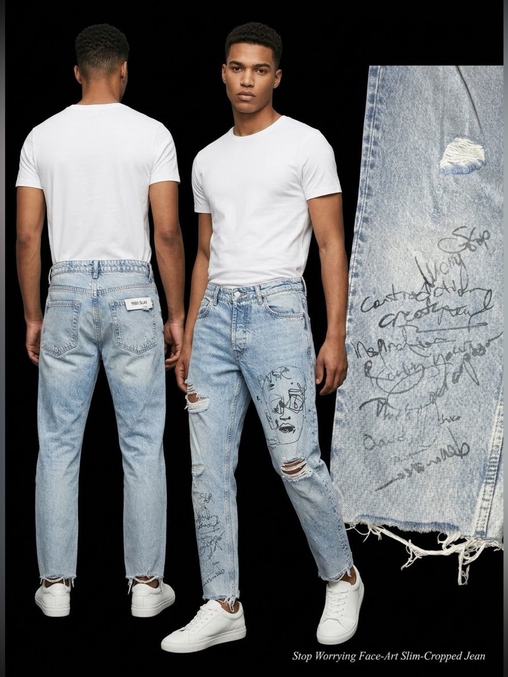 Zara Light Blue Slim-Cropped Jeans with Distressed & Sketch Artwork